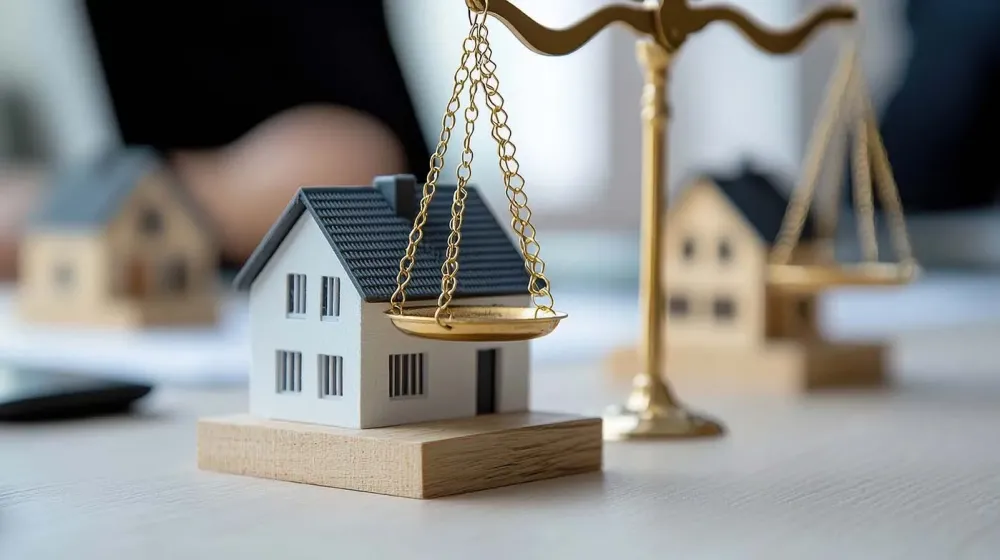 Maquette de maison et balance de la justice